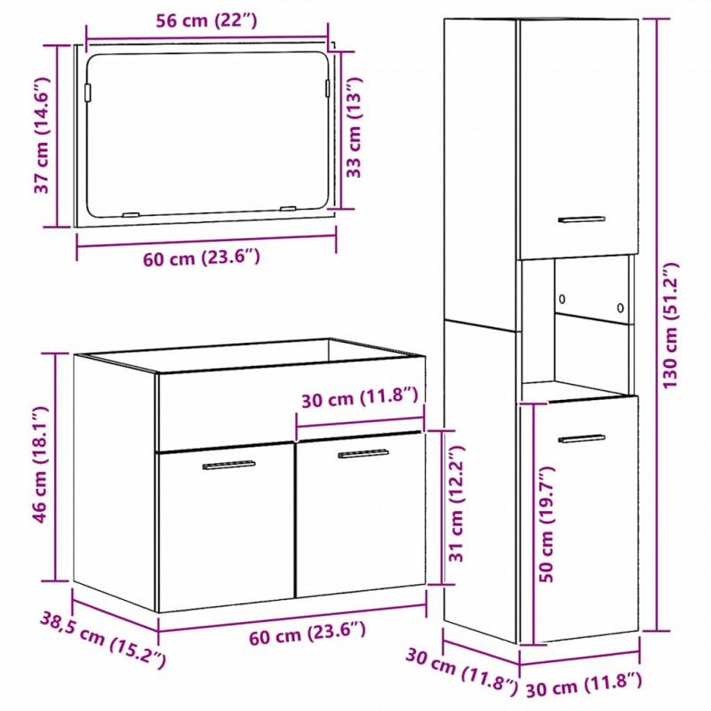 Zestaw mebli łazienkowych z przechowywaniem 3 pcs Stare drewno