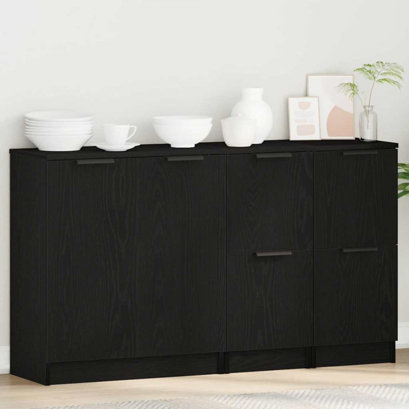 Bufet 3 pcs Czarny Dąb Materiał drewnopochodny