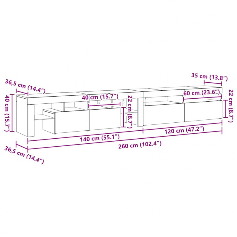 Szafka pod telewizor 2 pcs Czarny Dąb 260 x 37 x 40 cm