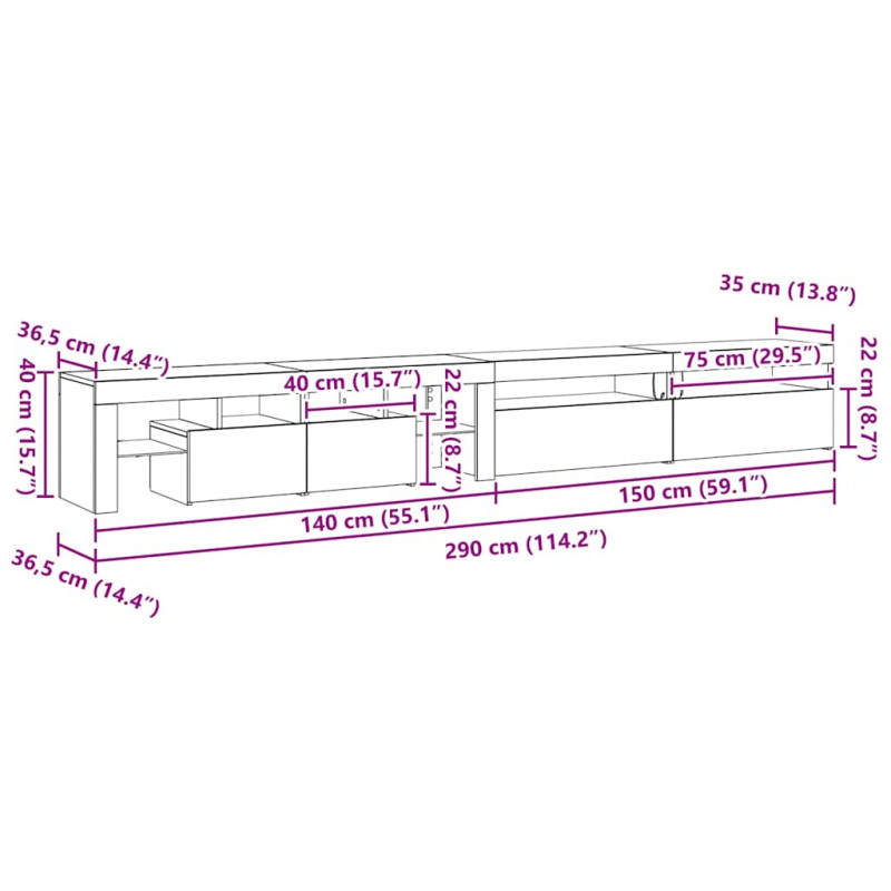 Szafka pod telewizor z LED 3 pcs Czarny Dąb 290 x 36,5 x 40 cm