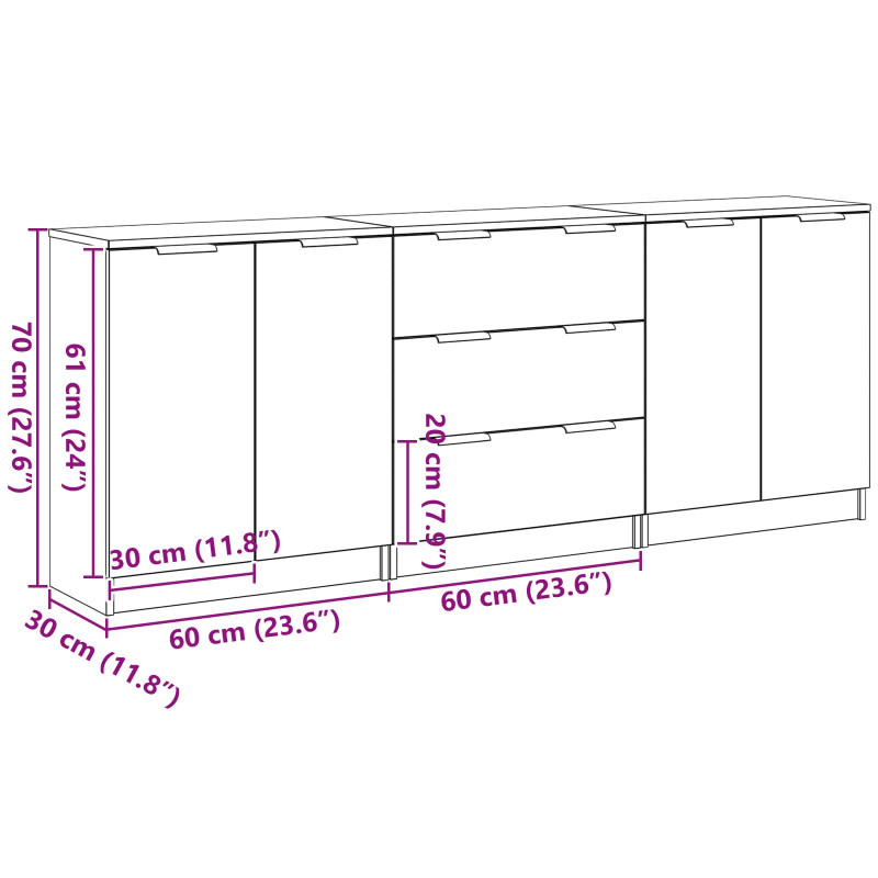 Bufet 3 pcs Czarny Dąb 180 x 30 x 70 cm Materiał drewnopochodny