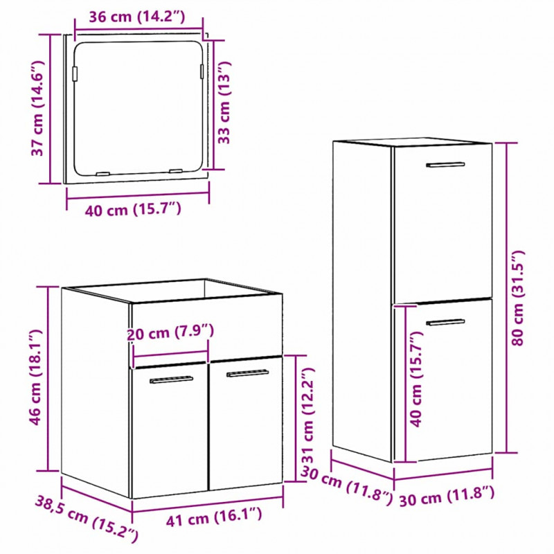 Zestaw mebli łazienkowych z przechowywaniem 3 pcs Stare drewno