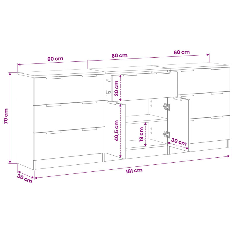 Bufet 3 pcs Czarny Dąb 181 x 30 x 70 cm Materiał drewnopochodny