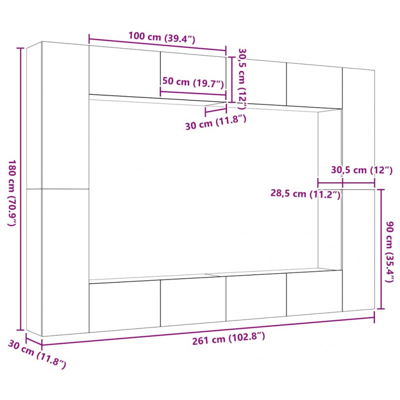 Zestaw szafek RTV 8 pcs Czarny Dąb 100 x 30 x 30 cm