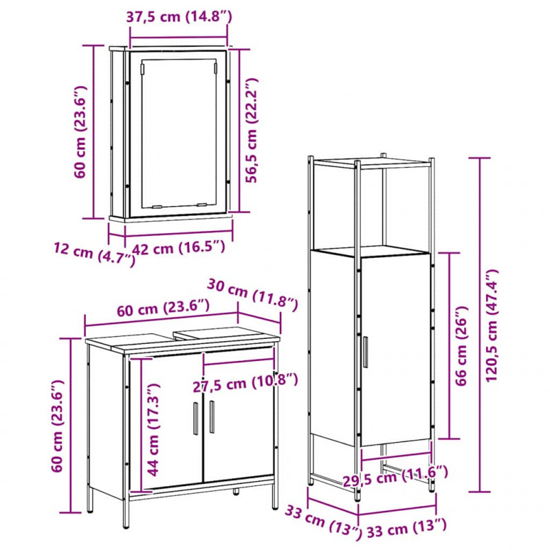 Zestaw mebli łazienkowych 3 pcs Brązowy 33 x 33 x 120.5 cm