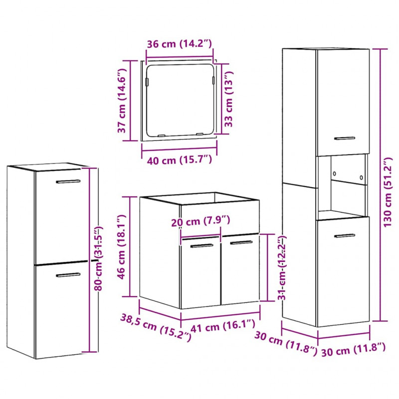 Zestaw mebli łazienkowych z przechowywaniem 4 pcs Stare drewno