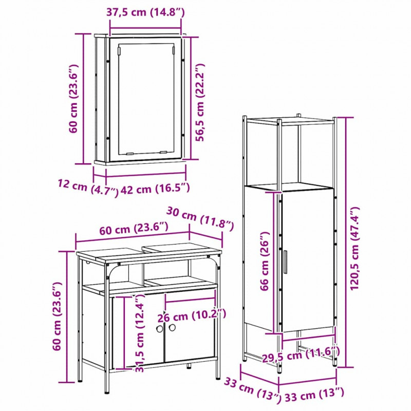 Zestaw mebli łazienkowych 3 pcs Brązowy 33 x 33 x 120.5 cm