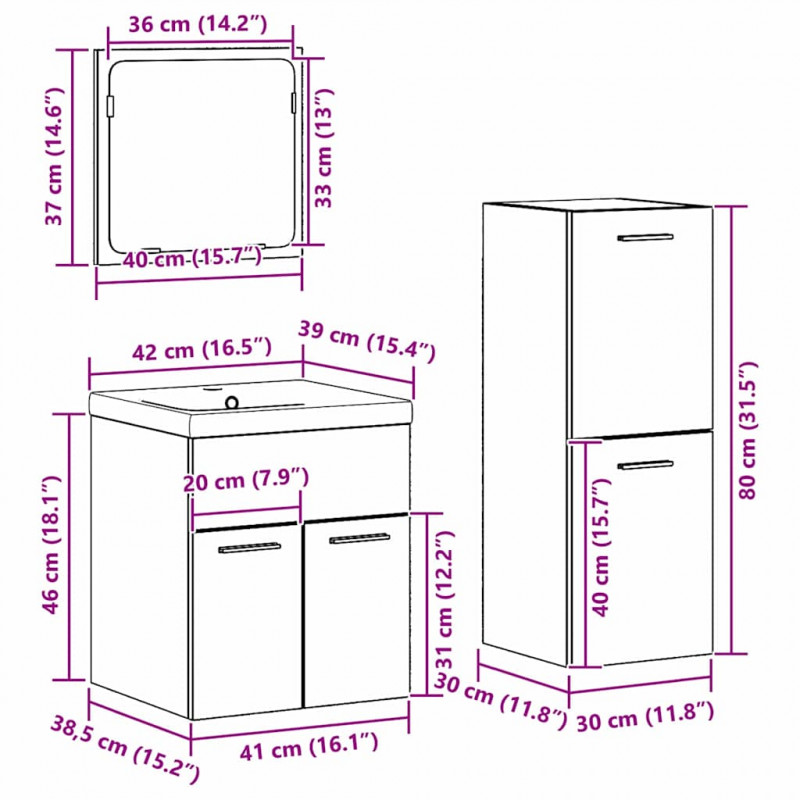 Zestaw mebli łazienkowych z przechowywaniem 4 pcs Stare drewno