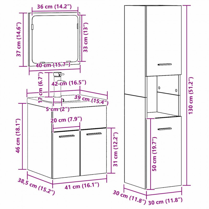 Zestaw mebli łazienkowych z półką z drzwiami 4 pcs Stare drewno