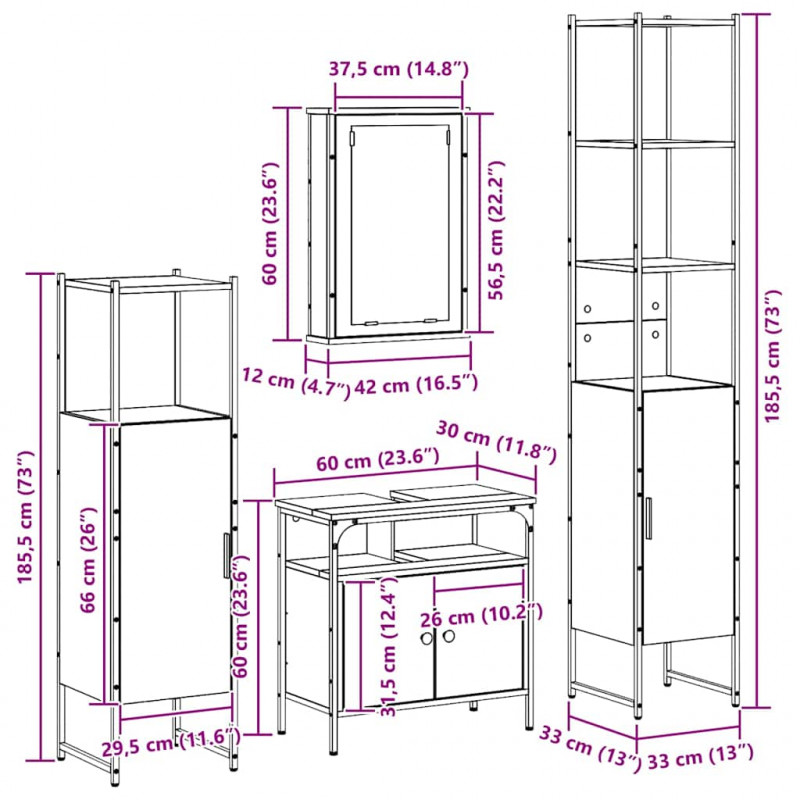 Zestaw mebli łazienkowych z półką z drzwiami 4 pcs Stare drewno