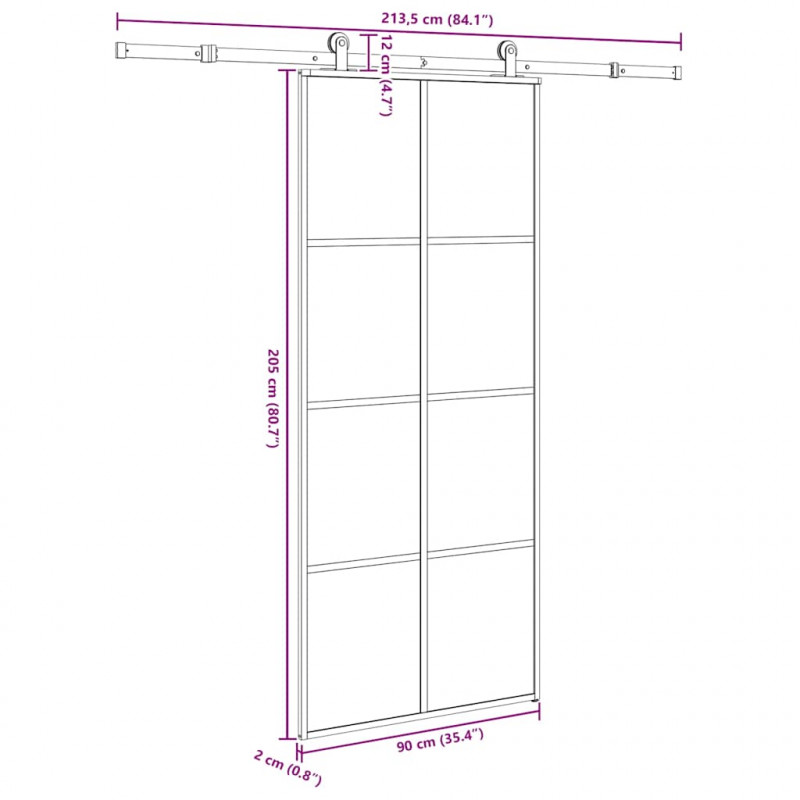 Drzwi przesuwne z osprzętem, 90x205 cm, szkło ESG i aluminium