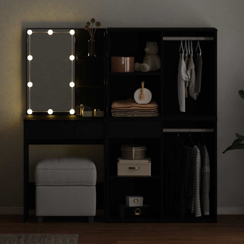 Zestaw lustra LED z szufladą Czarny Dąb 140 x 40 x 140 cm