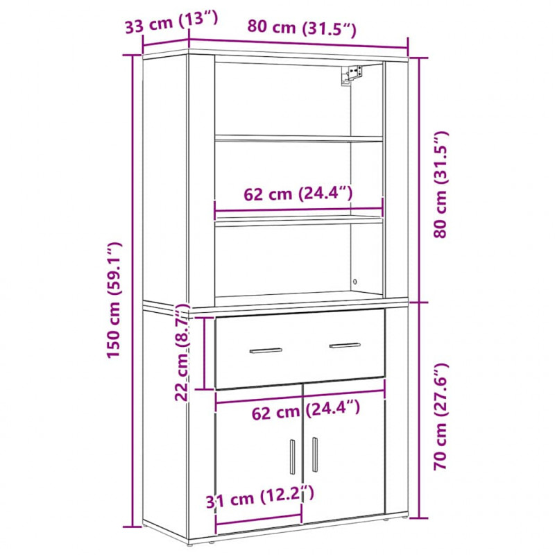 Highboard Czarny Dąb 80 x 33 x 150 cm Materiał drewnopochodny
