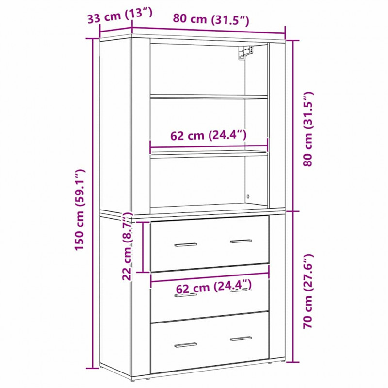 Highboard Czarny Dąb 80 x 33 x 150 cm Materiał drewnopochodny