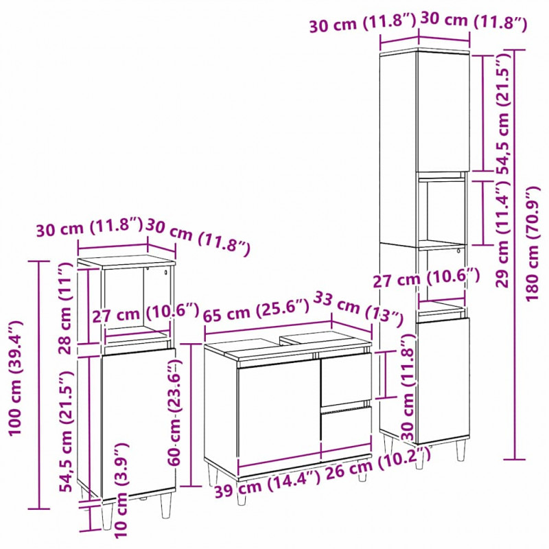 Zestaw mebli łazienkowych Montowane na ścianie 3 pcs Czarny Dąb