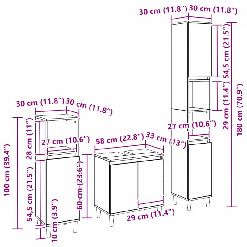Zestaw mebli łazienkowych Montowane na ścianie 3 pcs Czarny Dąb