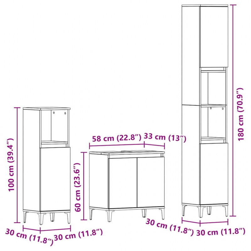 Zestaw mebli łazienkowych Montowane na ścianie 3 pcs Czarny Dąb