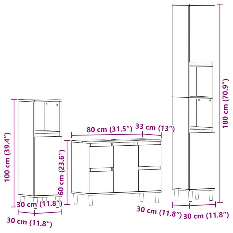 Zestaw mebli łazienkowych Montowane na ścianie 3 pcs Czarny Dąb