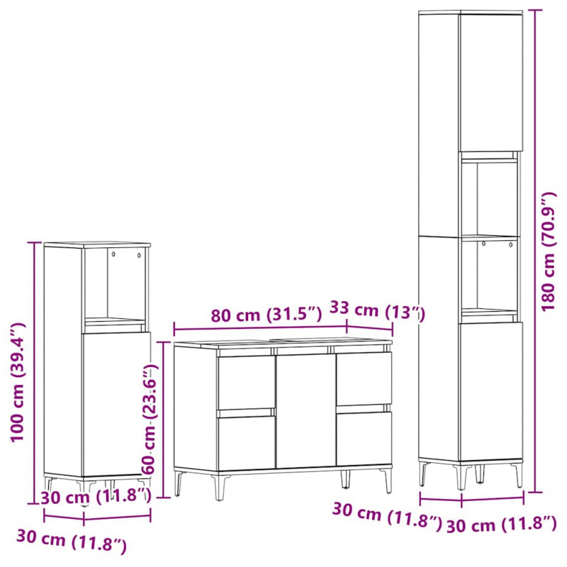 Zestaw mebli łazienkowych Montowane na ścianie 3 pcs Czarny Dąb