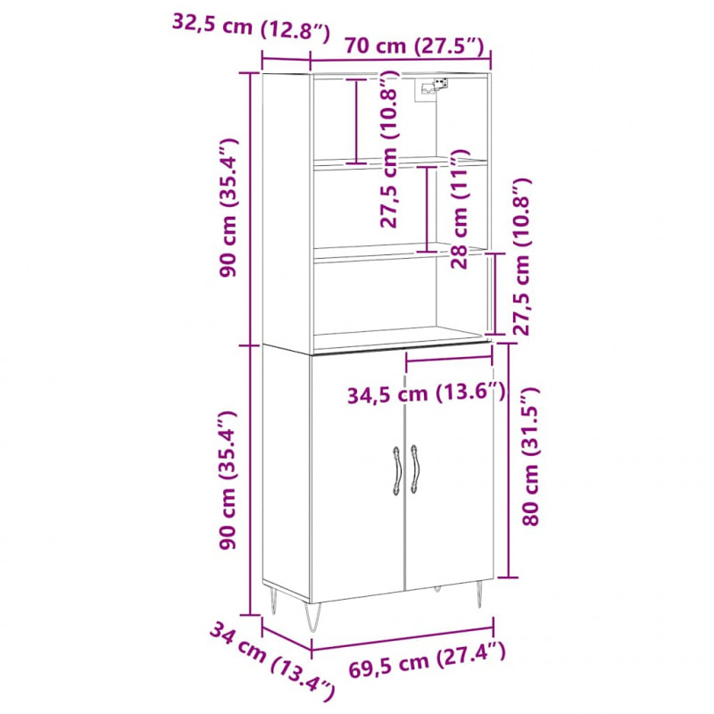 Highboard 2 pcs Czarny Dąb Materiał drewnopochodny