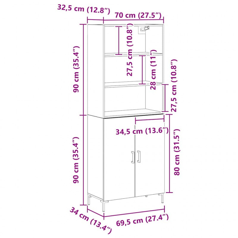 Highboard Czarny Dąb 69,5 x 34 x 180 cm Materiał drewnopochodny