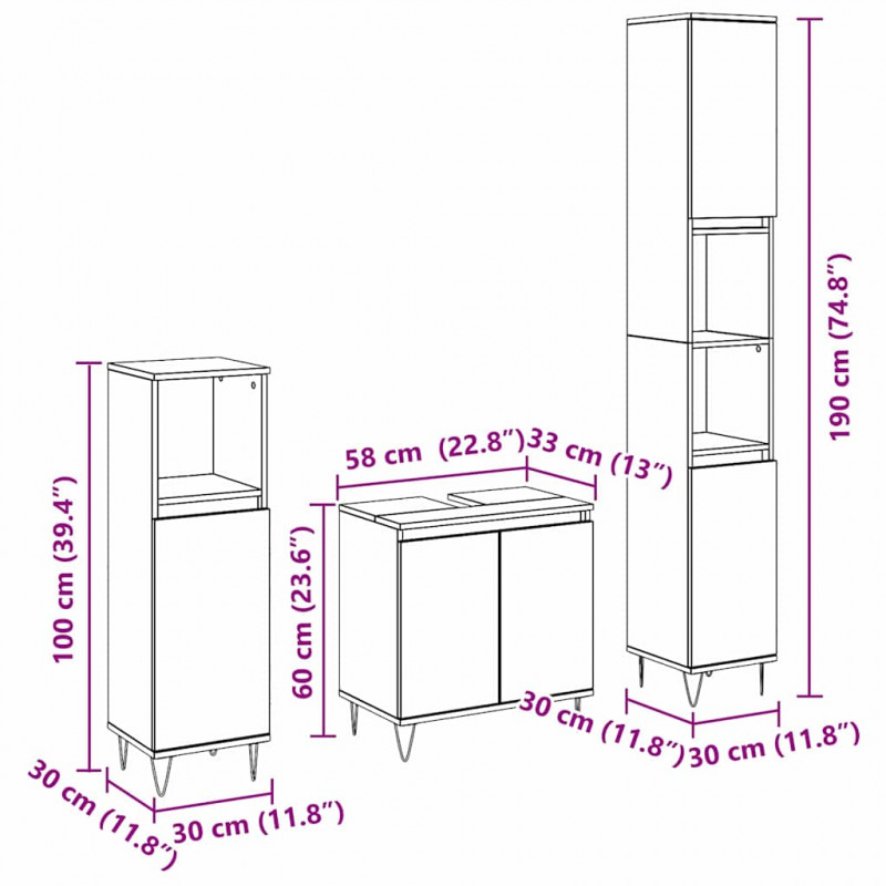 Zestaw mebli łazienkowych 3 pcs Czarny Dąb 30 x 30 x 190 cm