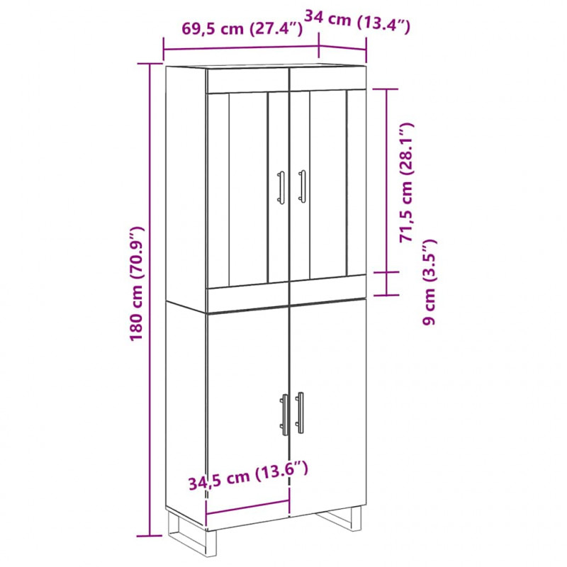 Highboard Czarny Dąb 69,5 x 34 x 180 cm Materiał drewnopochodny