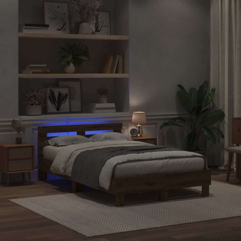 Ramka łóżka z LED Z zagłówkiem Dąb rzemieślniczy 135 x 190 cm