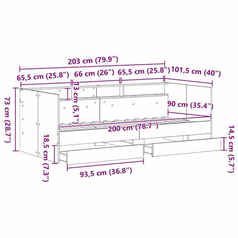 Łóżko dzienne Czarny Dąb 90 x 200 cm Materiał drewnopochodny