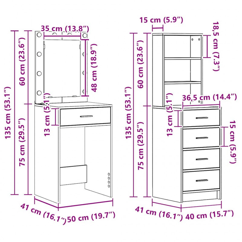 Toaletka 2 pcs Brązowy 50 x 41 x 135 cm Materiał drewnopochodny