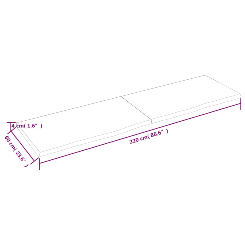 Półka, 220x60x(2-4) cm, surowe lite drewno dębowe