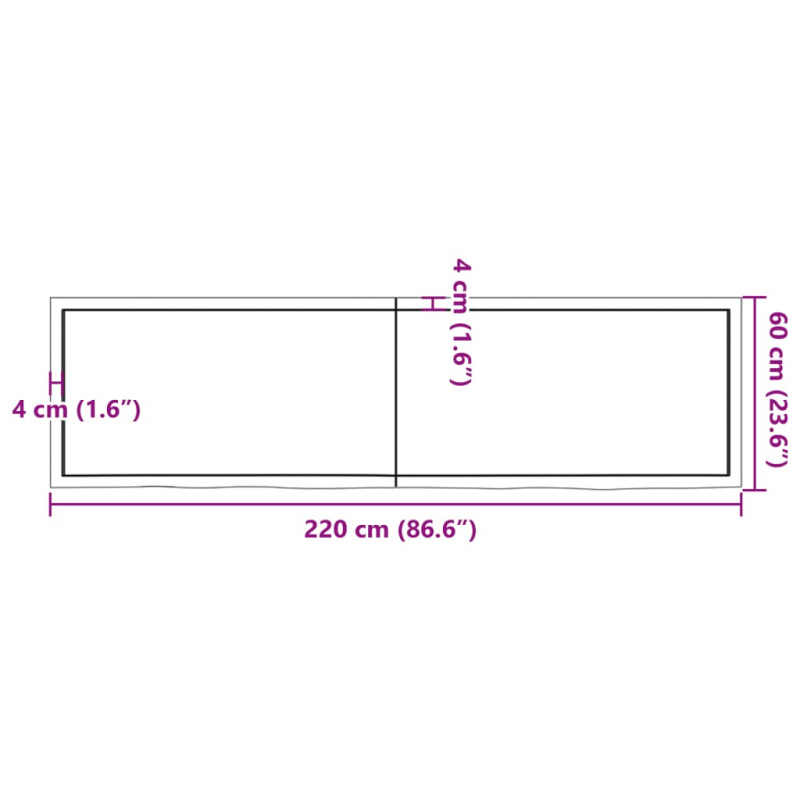 Półka, 220x60x(2-4) cm, surowe lite drewno dębowe