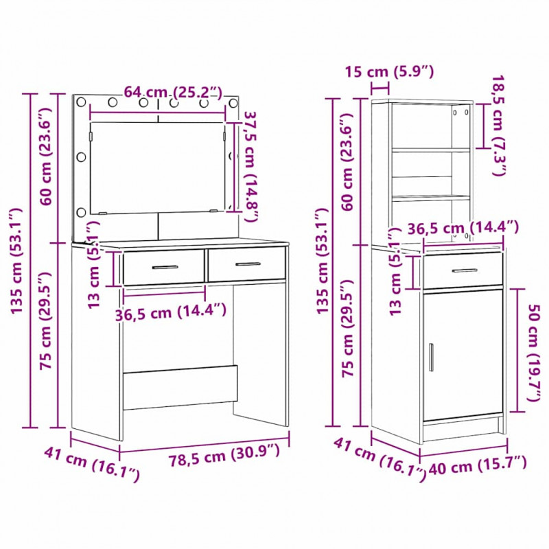 Toaletka z szufladą 2 pcs Brązowy Materiał drewnopochodny