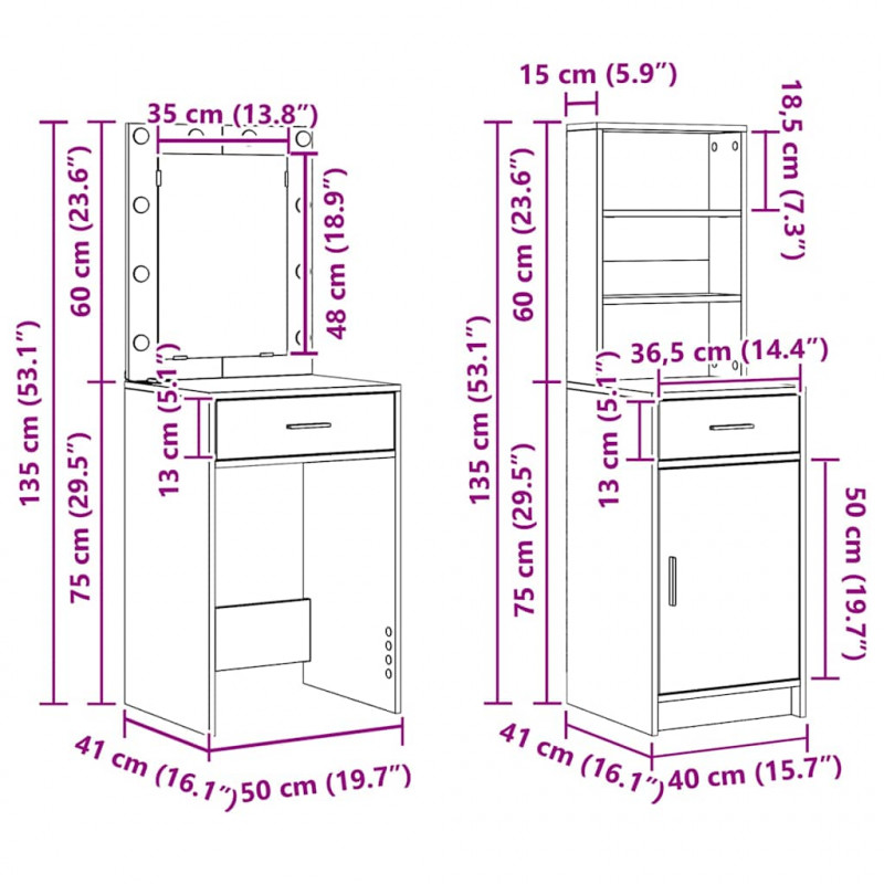 Zestaw toaletowy z LED 3 pcs Biały Materiał drewnopochodny