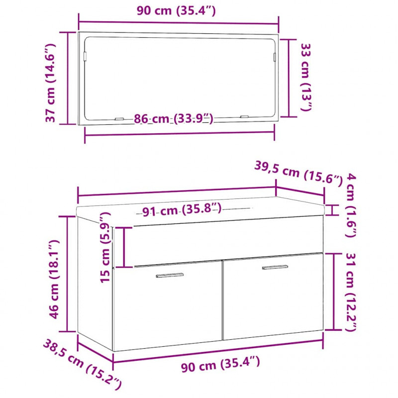 Zestaw mebli łazienkowych Montowane na ścianie 3 pcs Czarny Dąb