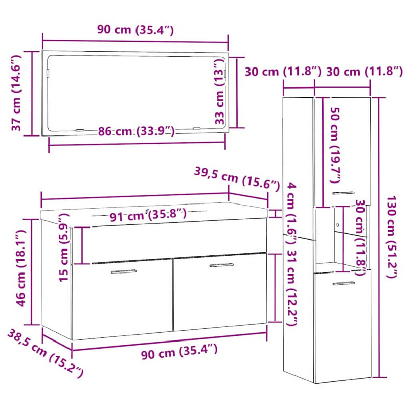 Zestaw mebli łazienkowych z szufladą z półką 4 pcs Czarny Dąb