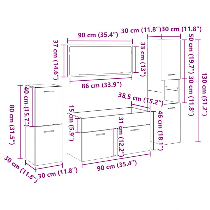 Zestaw mebli łazienkowych Montowane na ścianie 4 pcs Czarny Dąb