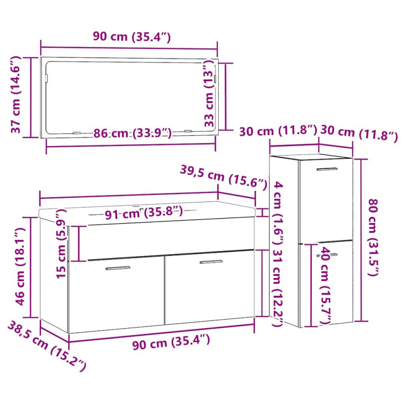 Zestaw mebli łazienkowych Montowane na ścianie 4 pcs Czarny Dąb