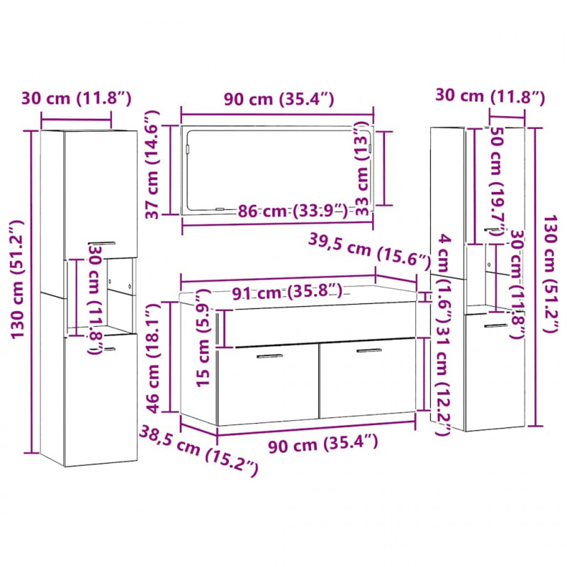 Zestaw mebli łazienkowych z półką z drzwiami 4 pcs Czarny Dąb