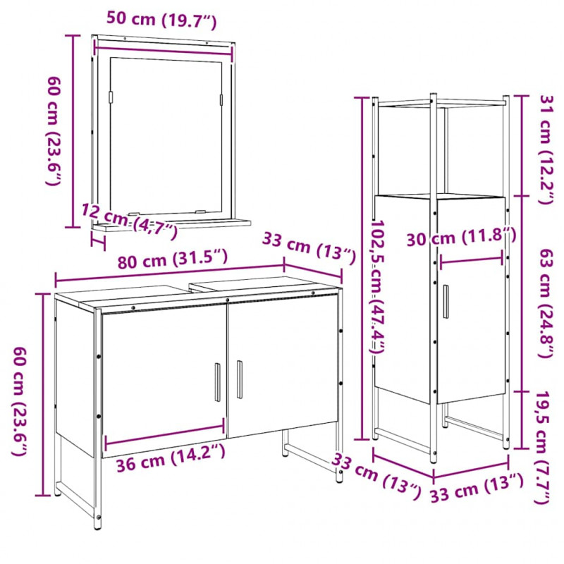 Zestaw mebli łazienkowych 3 pcs Brązowy Materiał drewnopochodny
