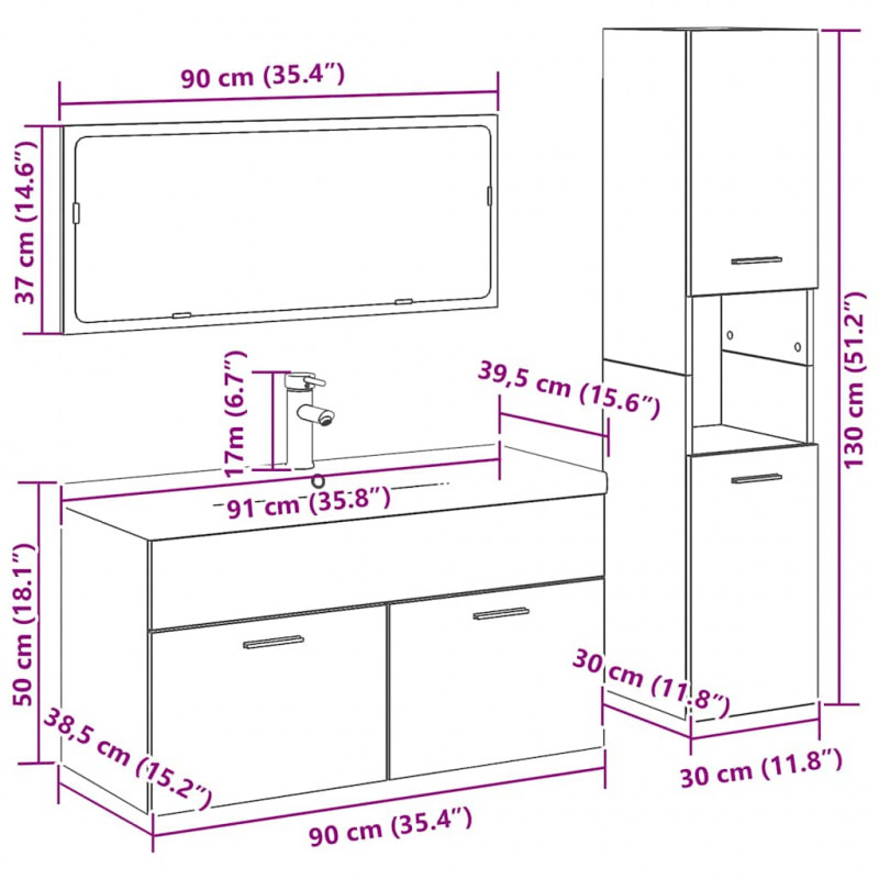 Zestaw mebli łazienkowych z półką z drzwiami 4 pcs Czarny Dąb