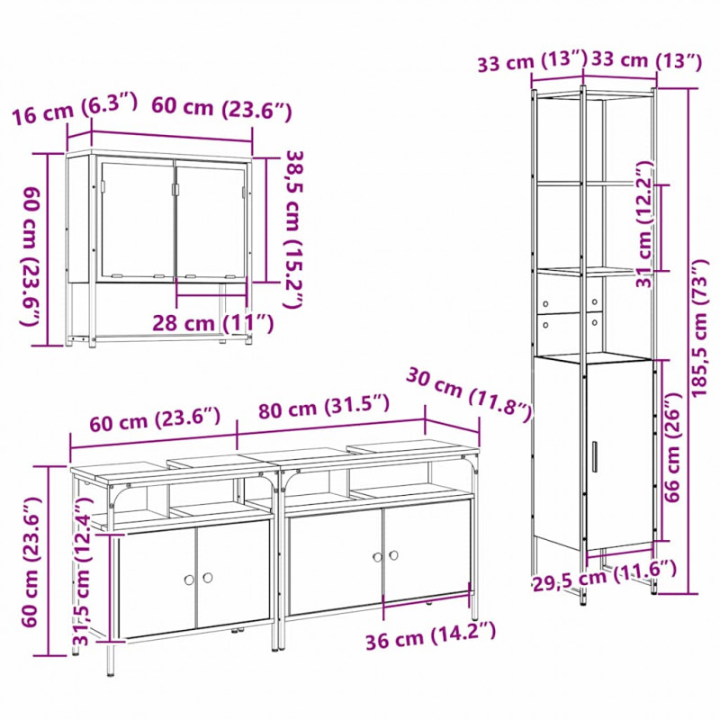 Zestaw mebli łazienkowych z półką z drzwiami 4 pcs dąb artisan