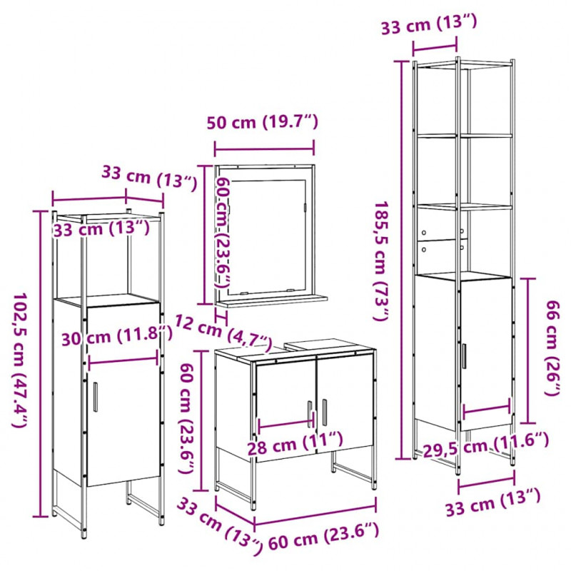 Zestaw mebli łazienkowych 4 pcs Brązowy 33 x 33 x 185.5 cm