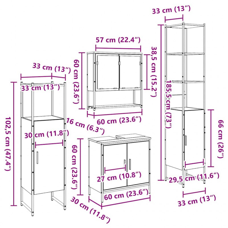 Zestaw mebli łazienkowych 4 pcs Brązowy 33 x 33 x 185.5 cm