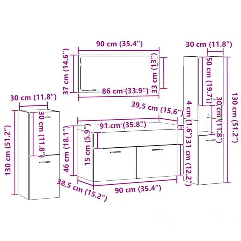 Zestaw mebli łazienkowych z półką z drzwiami 5 pcs Czarny Dąb