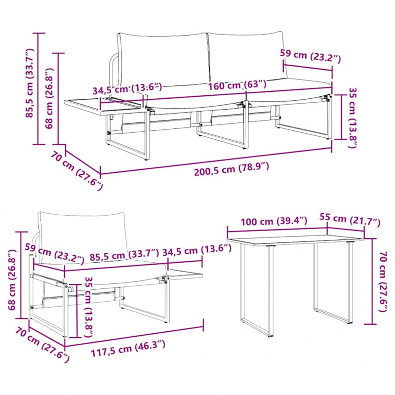 Zestaw do jadalni w ogrodzie 3 pcs Jasnoszary Stal