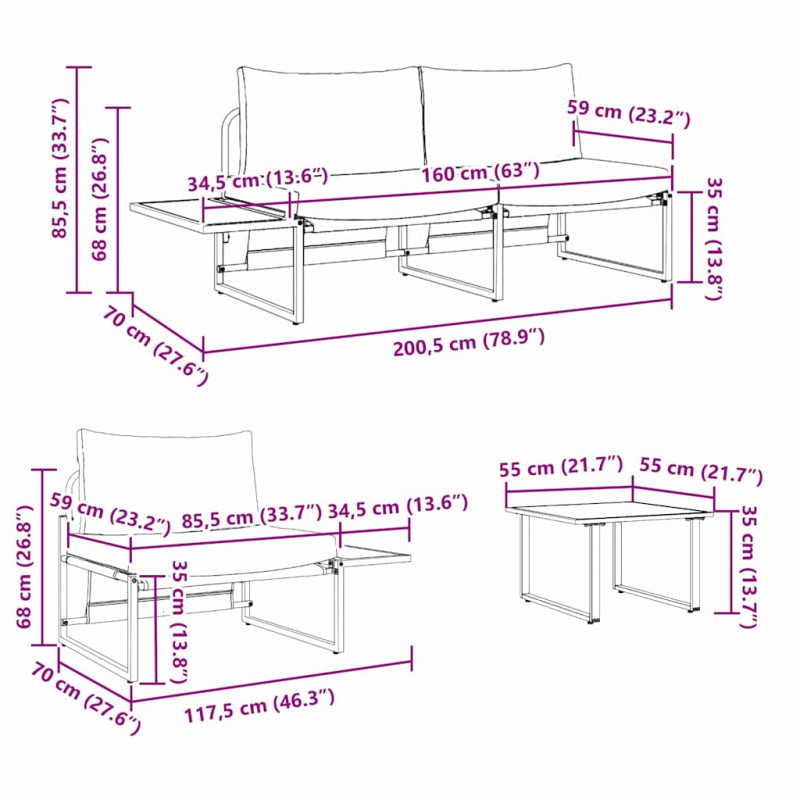 Zestaw do jadalni w ogrodzie 3 pcs Jasnoszary Stal