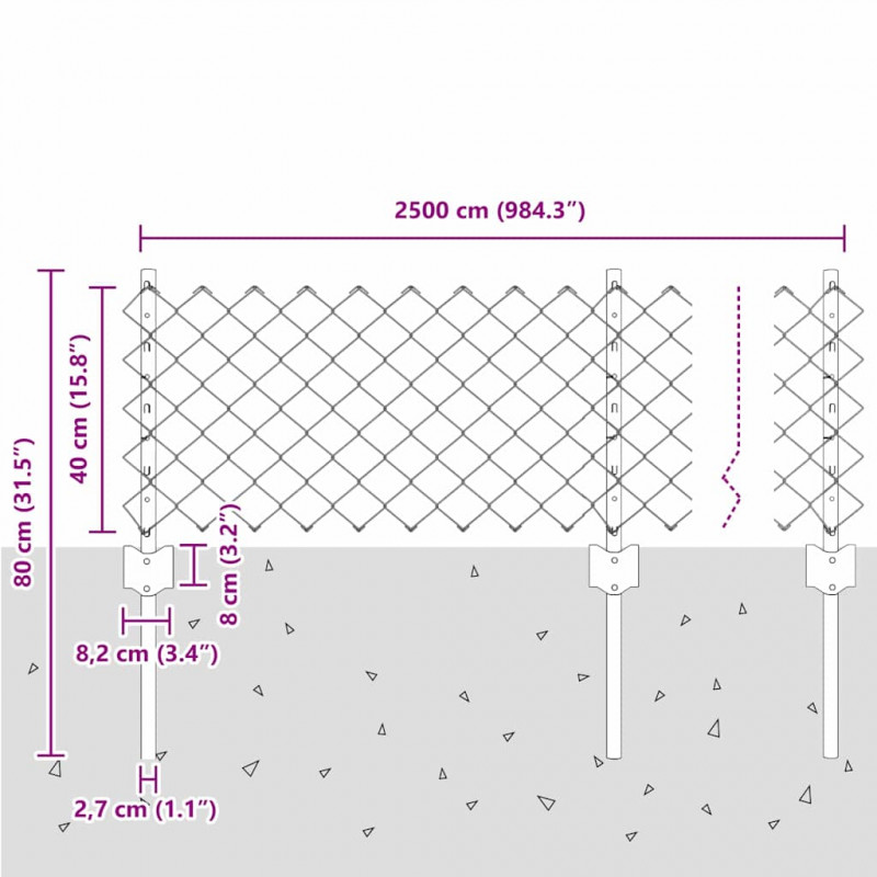 Ogrodzenie z słupkiem Srebrny 0,4 x 25 m Stal