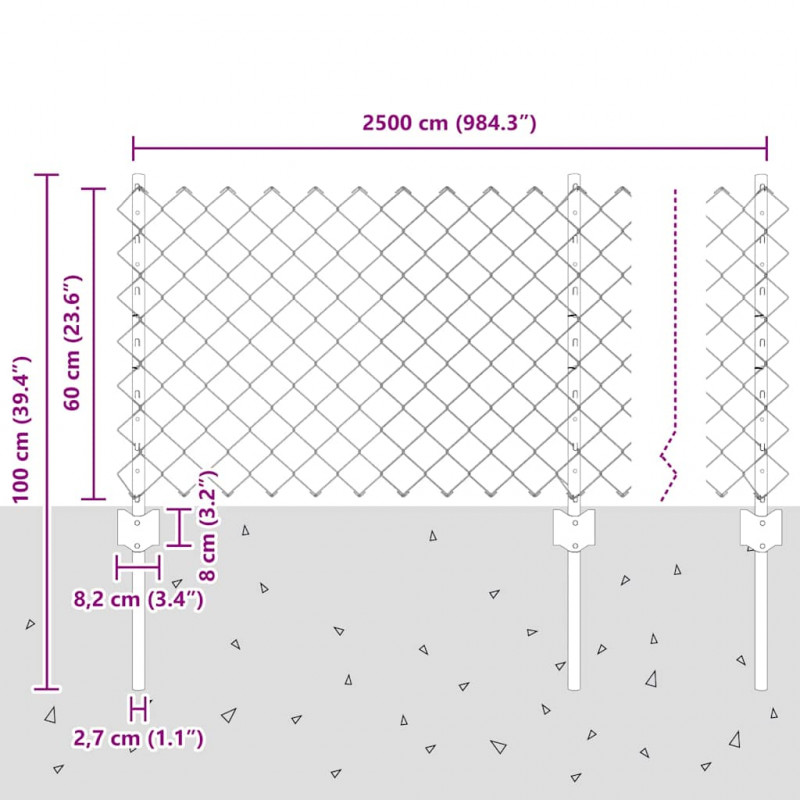 Ogrodzenie z słupkiem Srebrny 0,6 x 25 m Stal