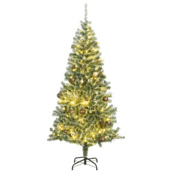 Sztuczna choinka z 300 LED, bombkami i śniegiem, 210 cm